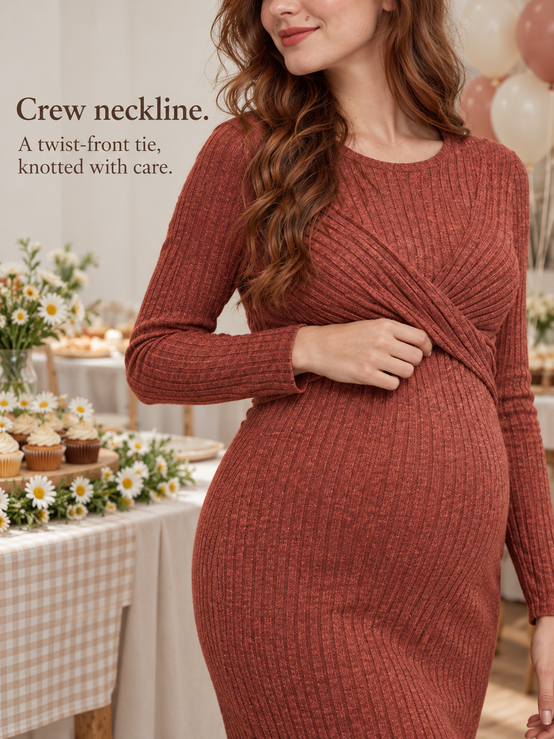 Maeve Rust Red maternity dress — leaning at a party table set with cupcakes and daisies