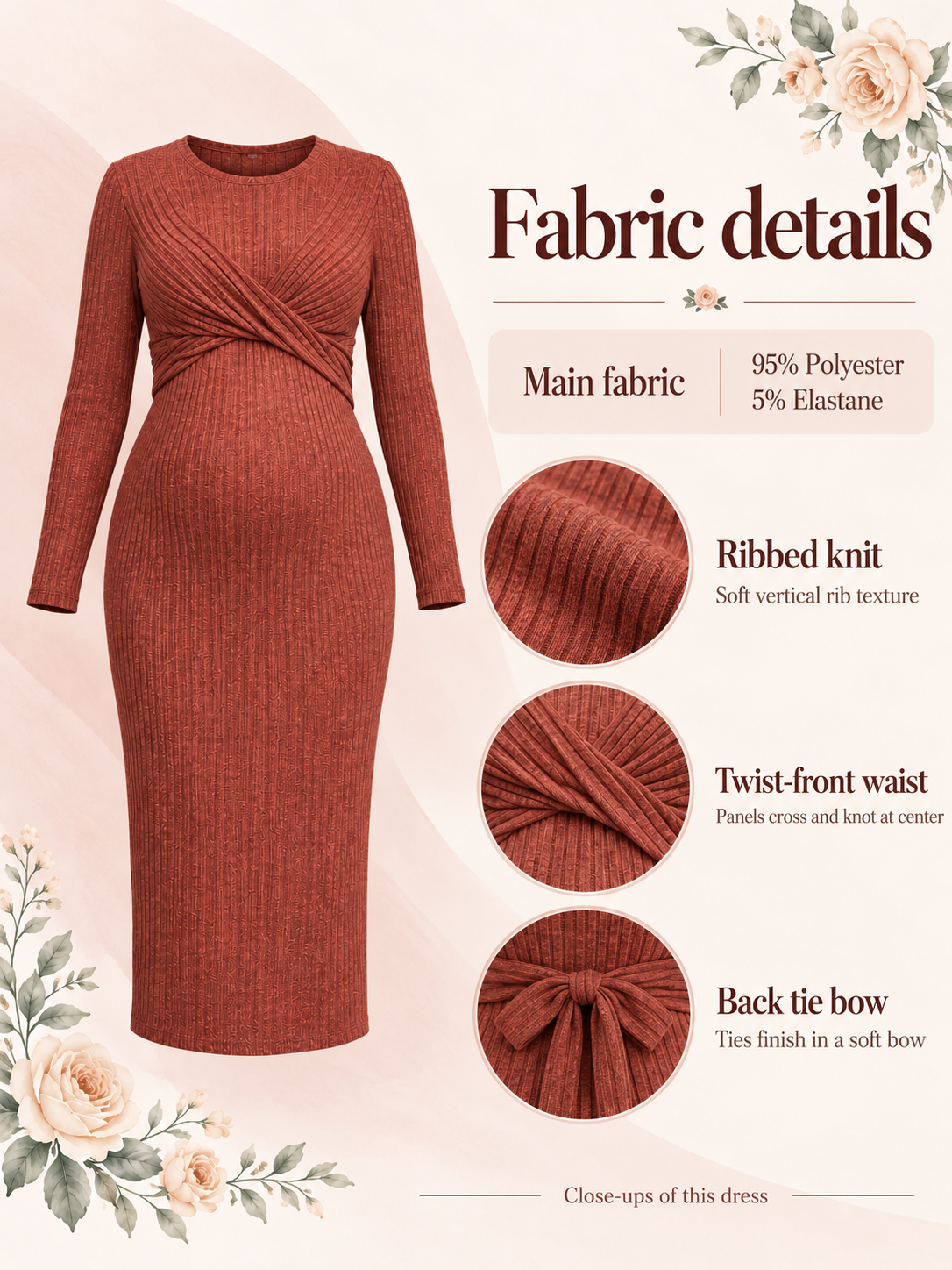 Maeve Rust Red maternity dress — material guide showing the ribbed knit, twist-front waist and back tie bow