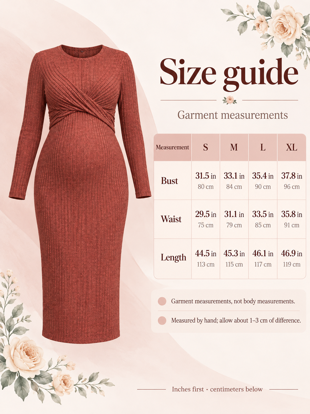 Maeve Rust Red maternity dress — size guide with S to XL garment measurements in inches and centimeters