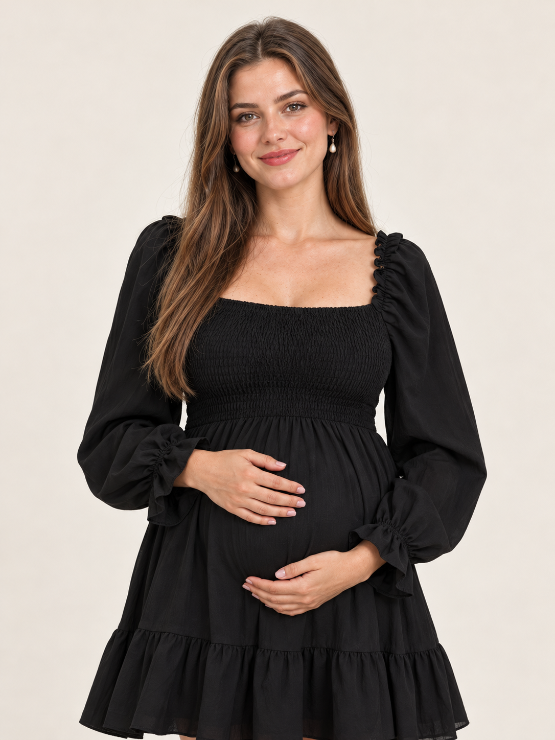 Penelope Black maternity dress — smocked square neckline close-up