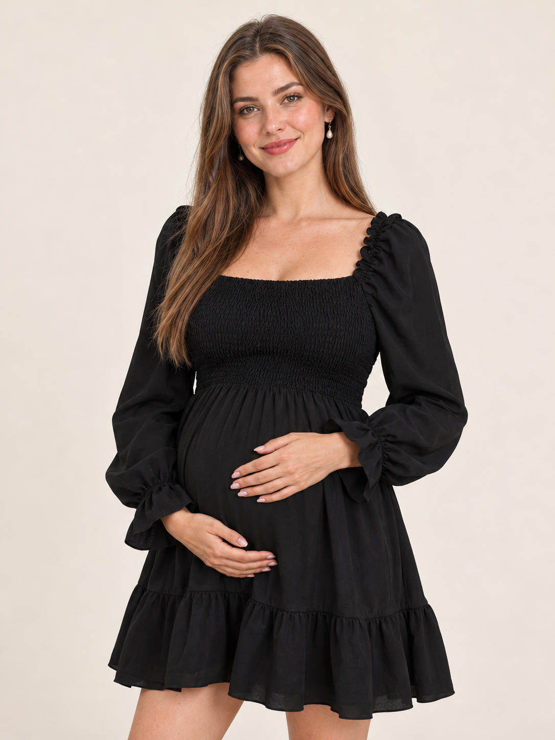 Penelope Black maternity dress — puff sleeve and ruffled cuff close-up