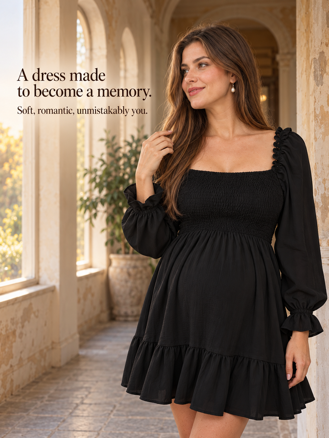 Penelope Black maternity dress — standing in a greenery-covered stone archway