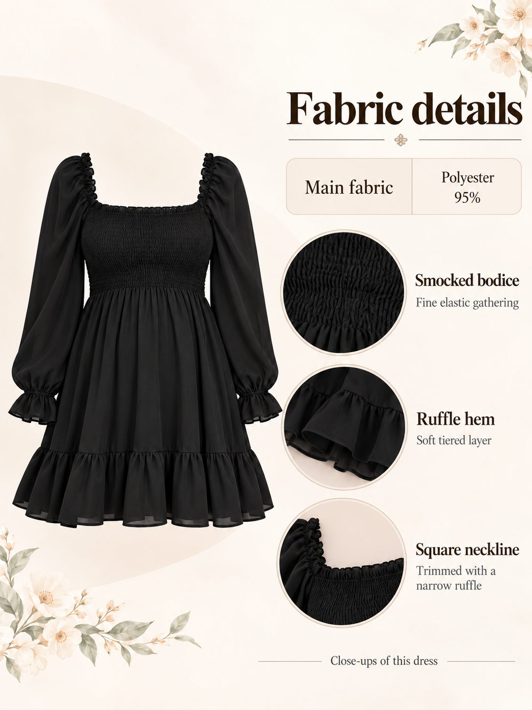 Penelope Black maternity dress — material guide showing the crinkled chiffon fabric, smocked bodice and ruffle hem