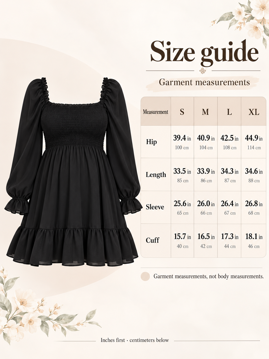 Penelope Black maternity dress — size guide with S to XL garment measurements in inches and centimeters