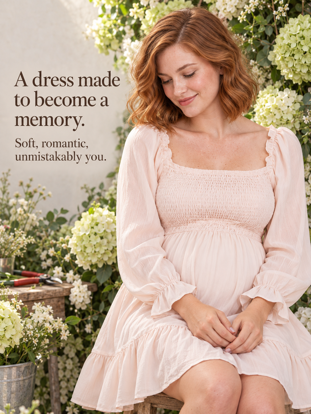 Penelope Pale Blush maternity dress — seated among white flowering bushes