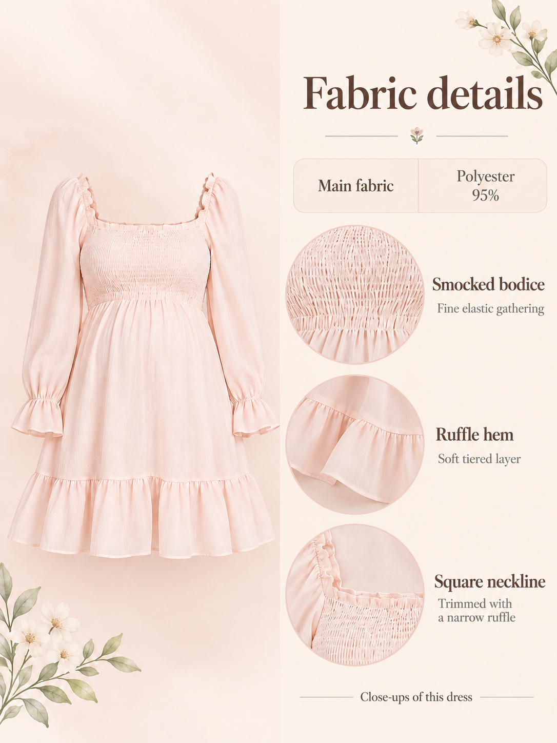 Penelope Pale Blush maternity dress — material guide showing the crinkled chiffon fabric, smocked bodice and ruffle hem