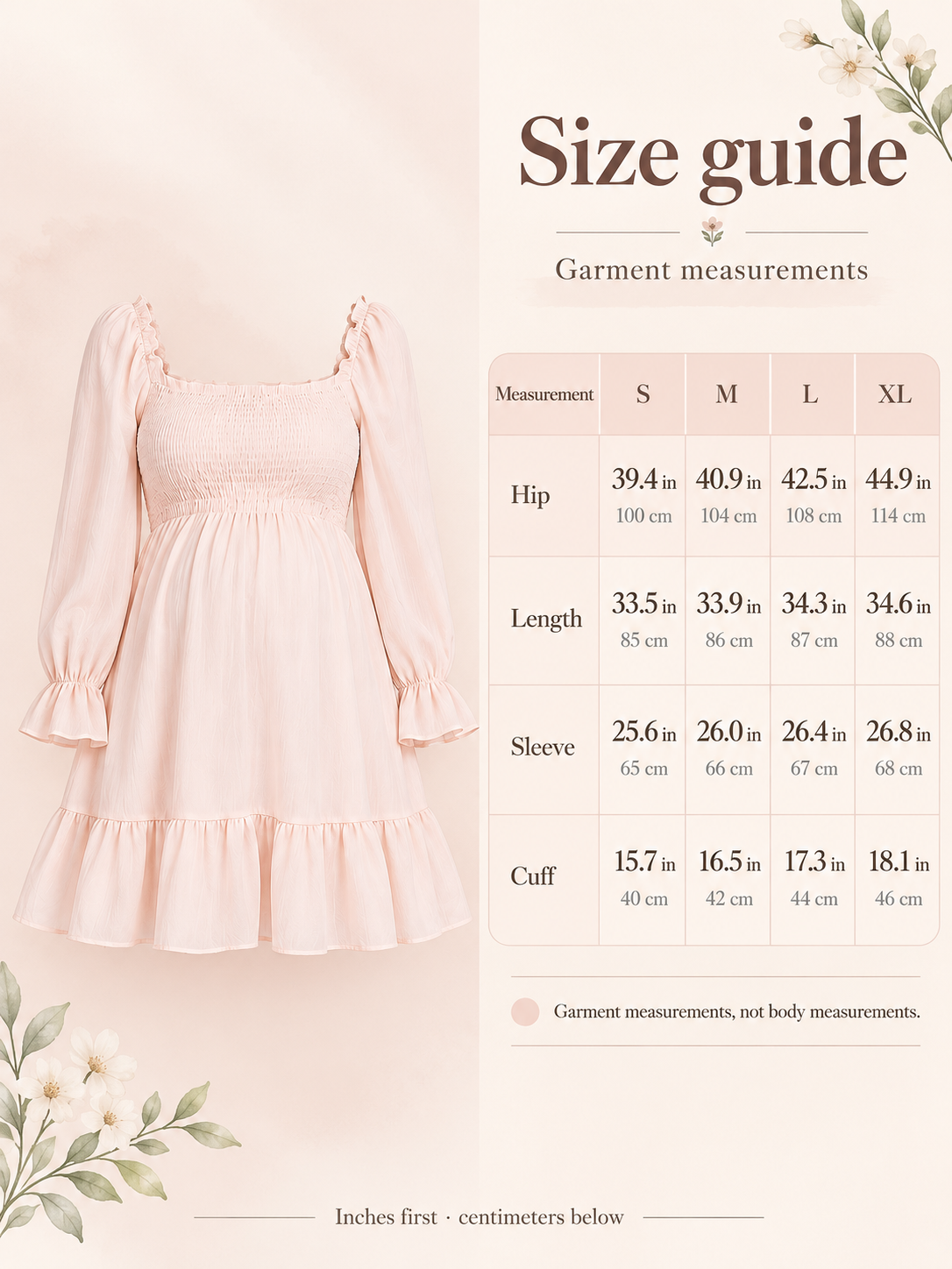 Penelope Pale Blush maternity dress — size guide with S to XL garment measurements in inches and centimeters