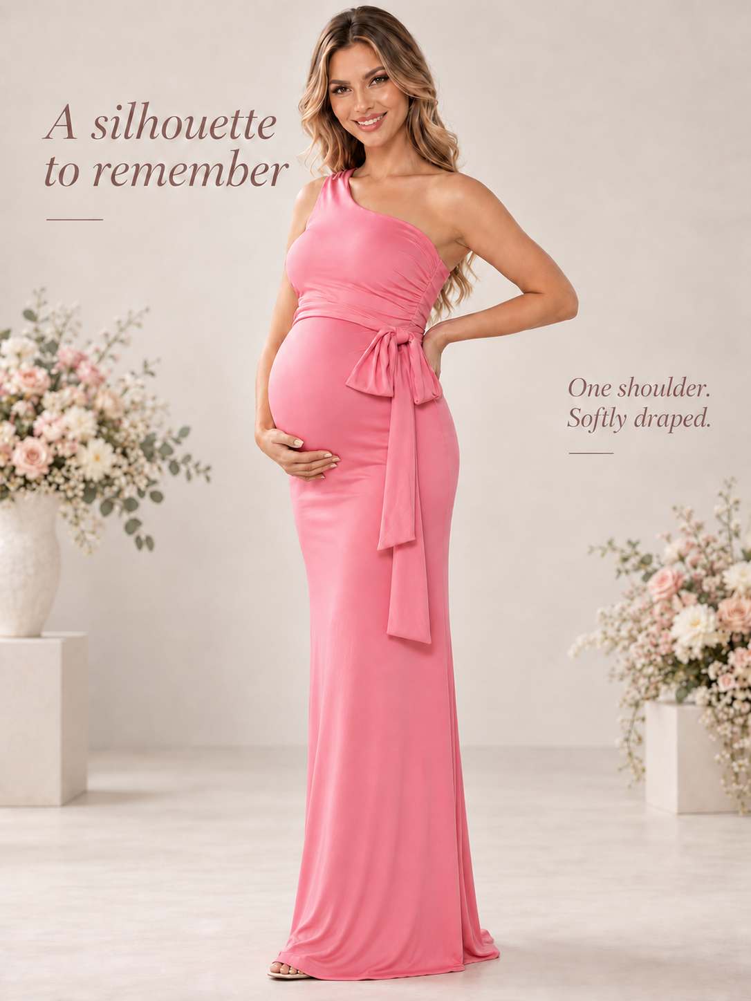 Freya Rose Pink maternity dress — full one-shoulder silhouette in soft light