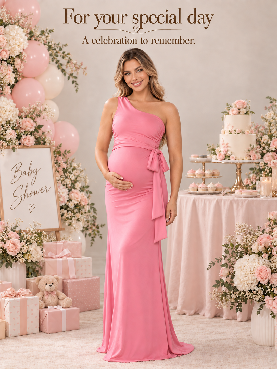 Freya Rose Pink maternity dress — baby shower styling with cake and balloons