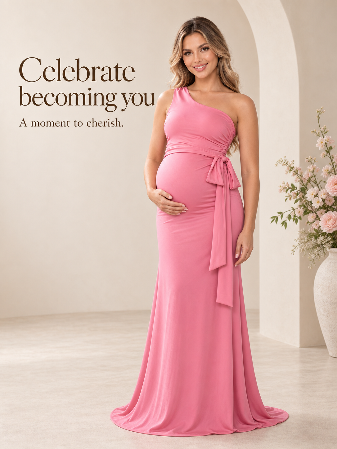 Freya Rose Pink maternity dress — BabyShowerDress brand story in an arched room