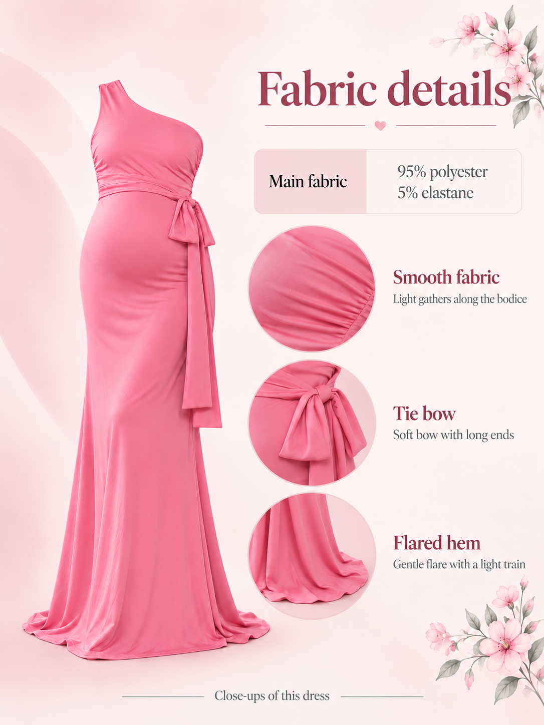 Freya Rose Pink maternity dress — material guide showing the smooth fabric, tie bow and flared hem