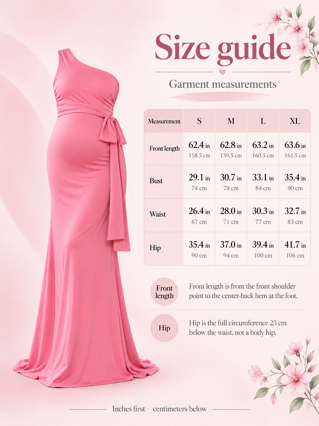 Freya Rose Pink maternity dress — size guide with S to XL garment measurements in inches and centimeters