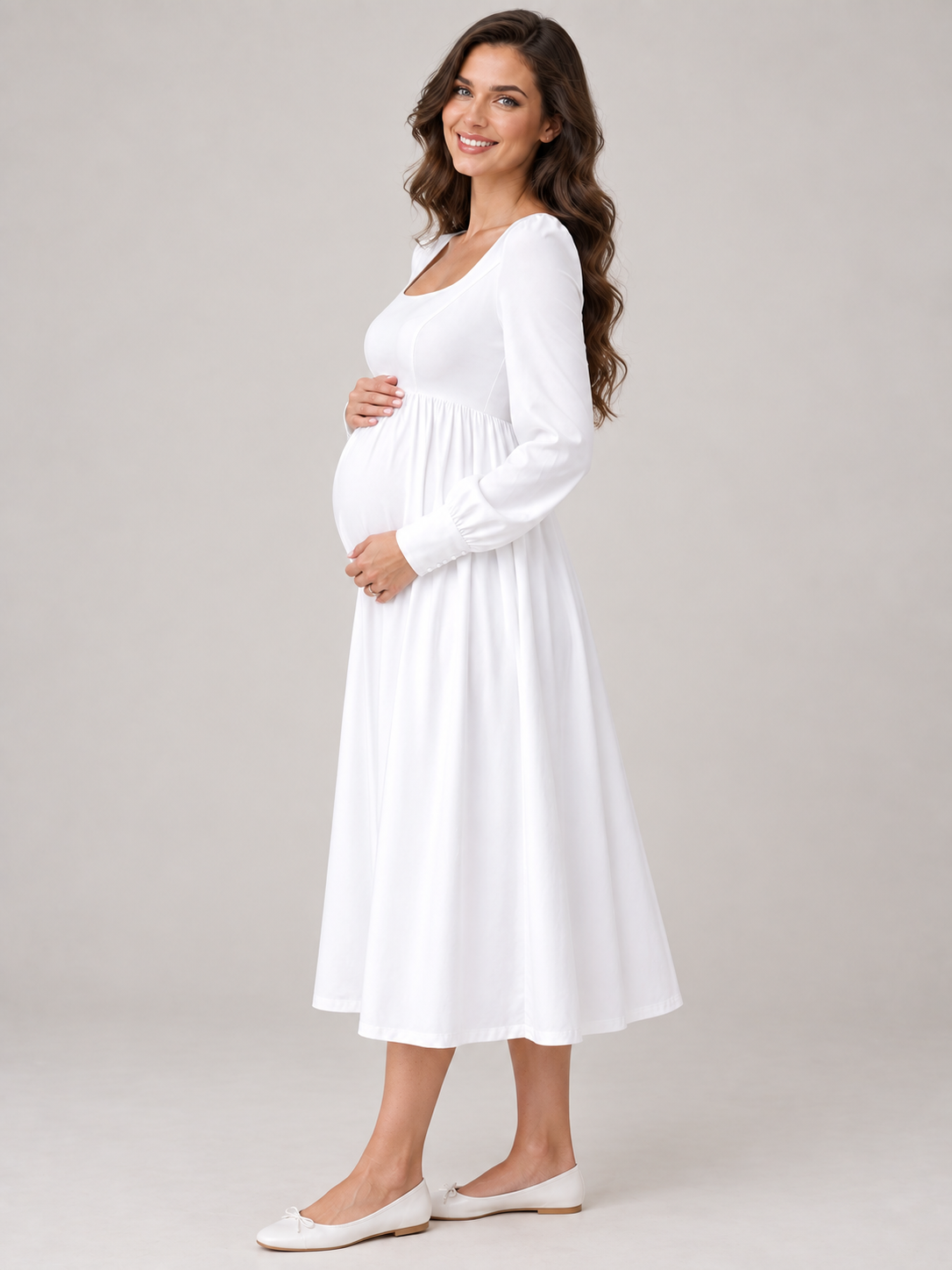 Aurelie White maternity dress — side view of the high waist and maternity silhouette