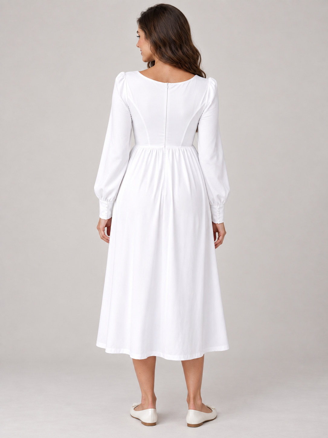 Aurelie White maternity dress — back view with high round neckline and gathered midi skirt