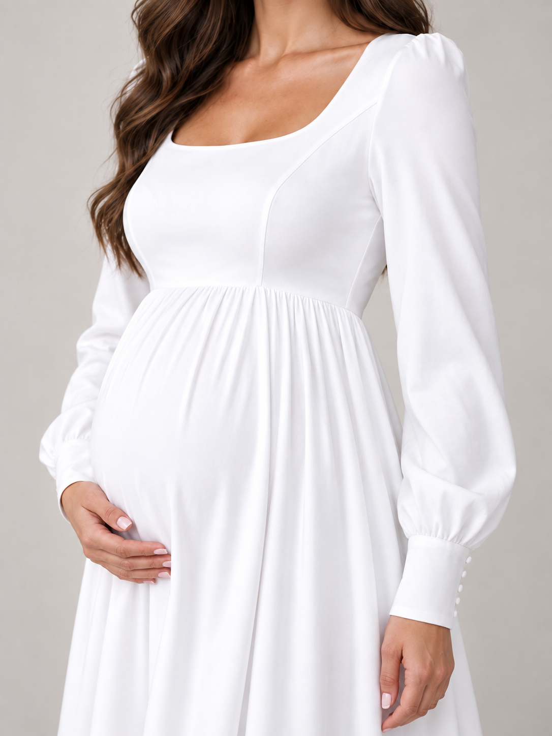 Aurelie White maternity dress — long sleeve gathered into a wide cuff