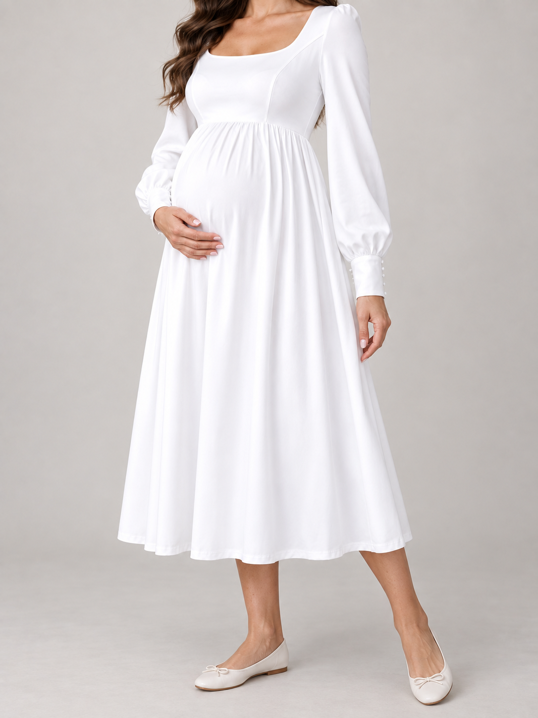 Aurelie White maternity dress — continuous A-line midi skirt and hem detail