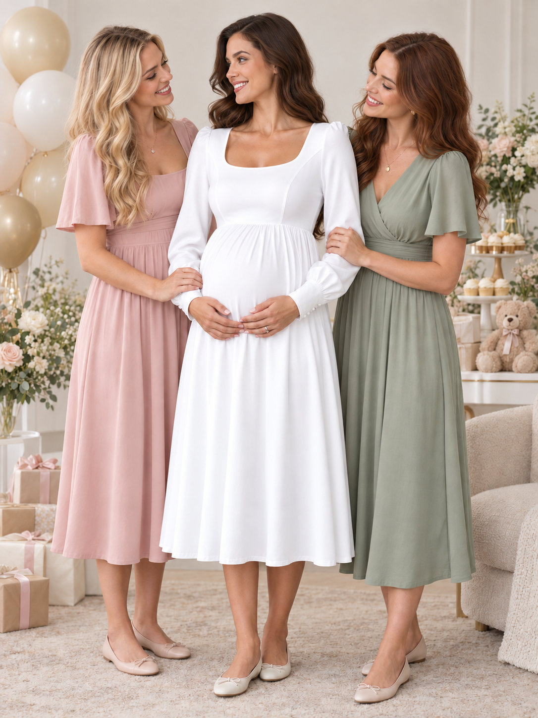 Aurelie White maternity dress — baby shower celebration with loved ones