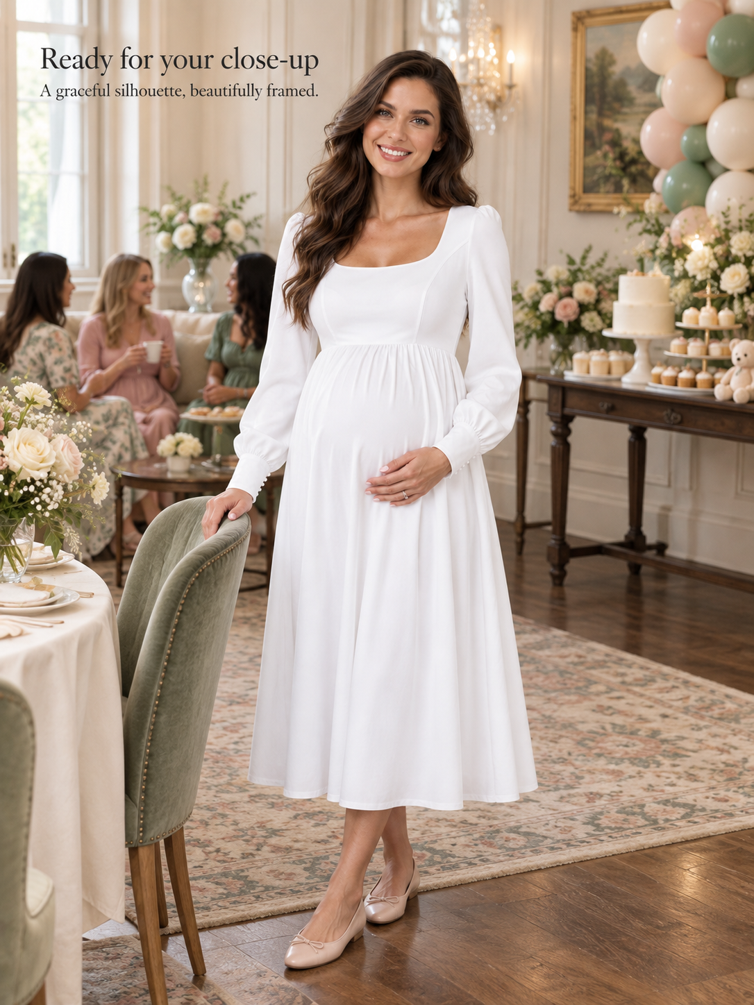 Aurelie White maternity dress — full midi silhouette in soft light