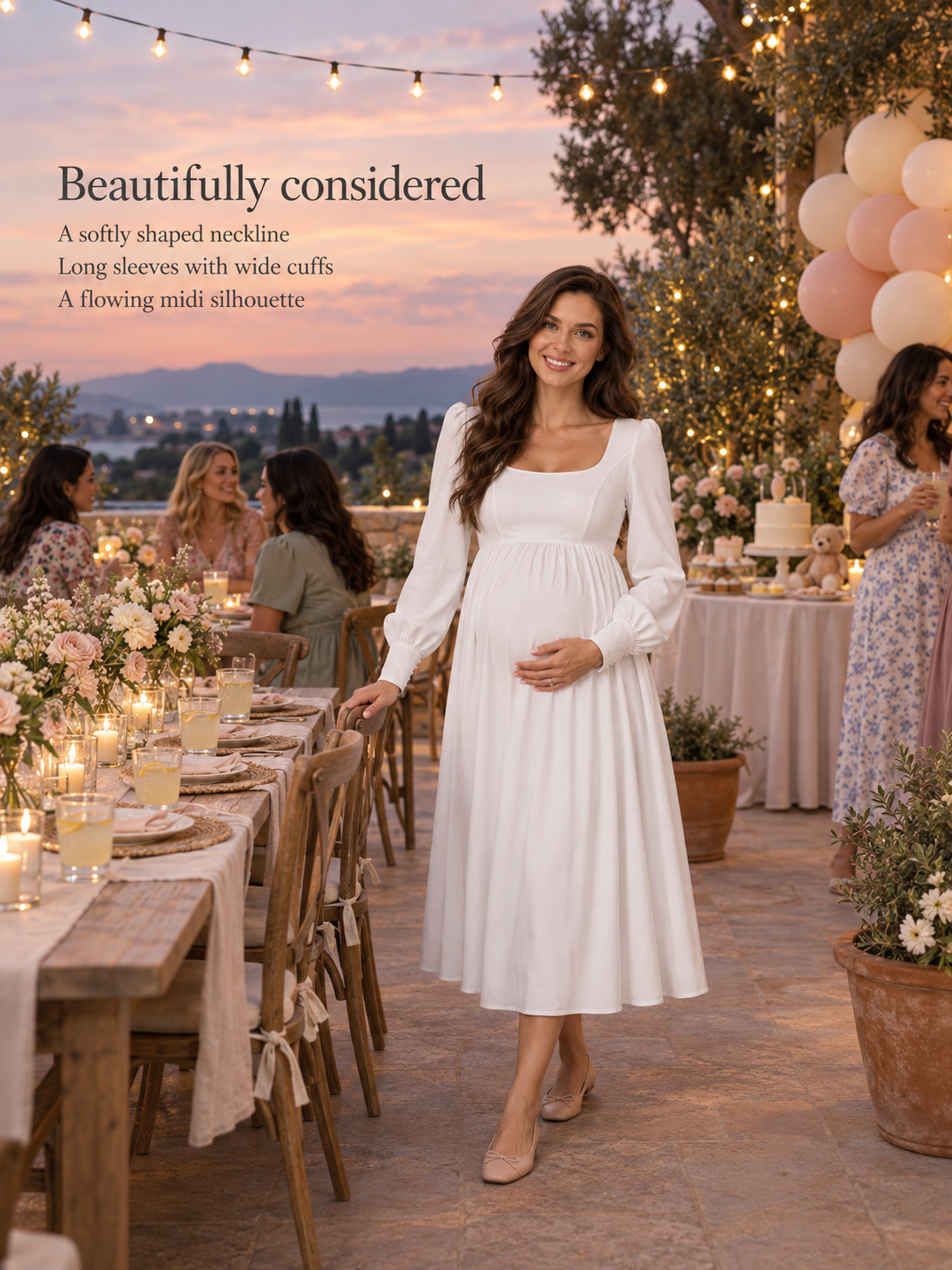 Aurelie White maternity dress — neckline, cuffed sleeves and gathered midi skirt details