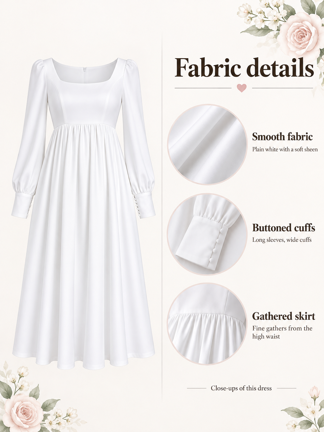 Aurelie White maternity dress — material guide showing a smooth white surface and composition of 95% polyester and 5% elastane
