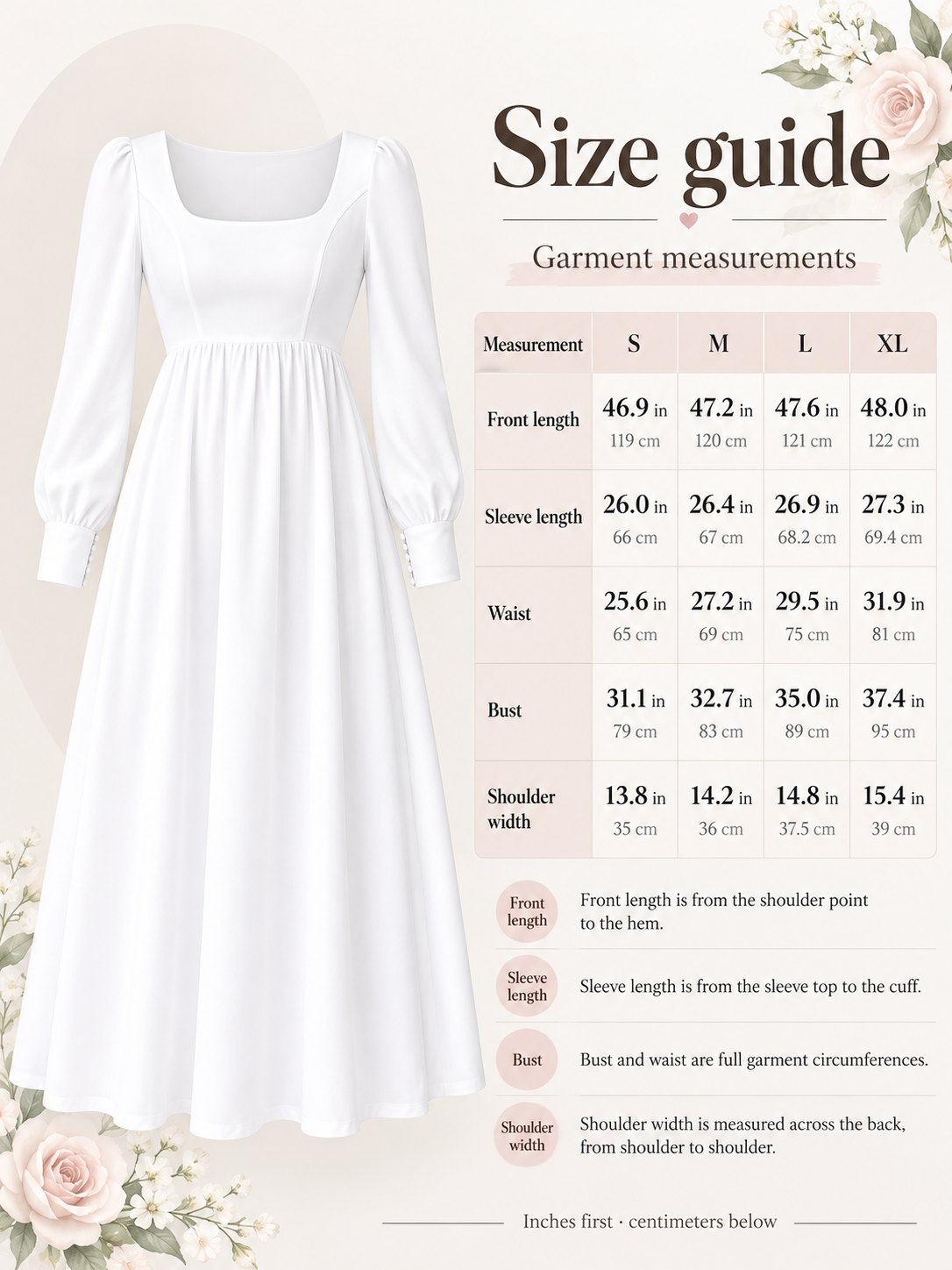Aurelie White maternity dress — size guide with S to XL garment measurements for front length, sleeves, waist, bust and shoulders in inches and centimeters