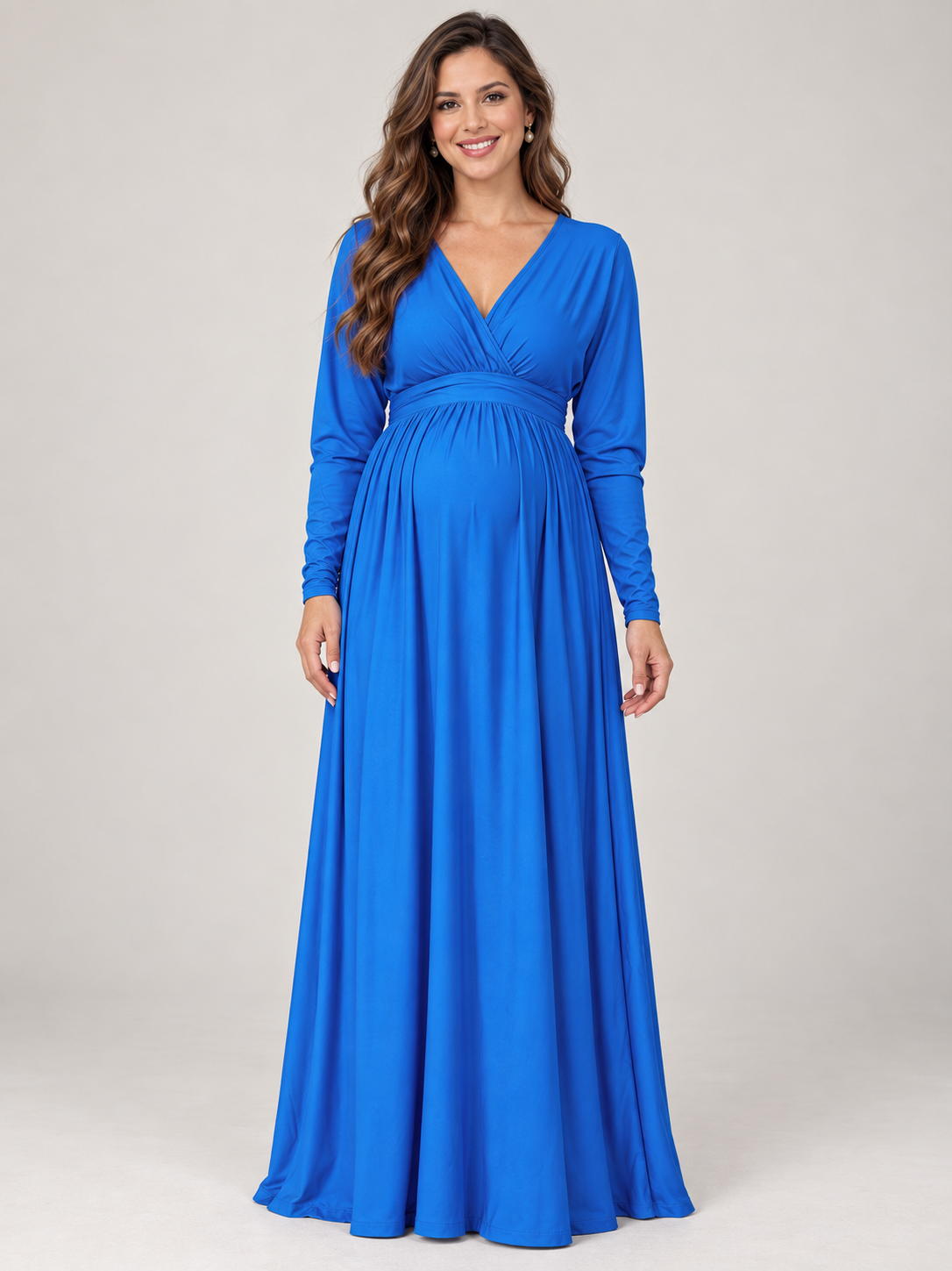 Nora Royal Blue maternity dress — front view with wrap V-neckline, long sleeves and floor-length skirt
