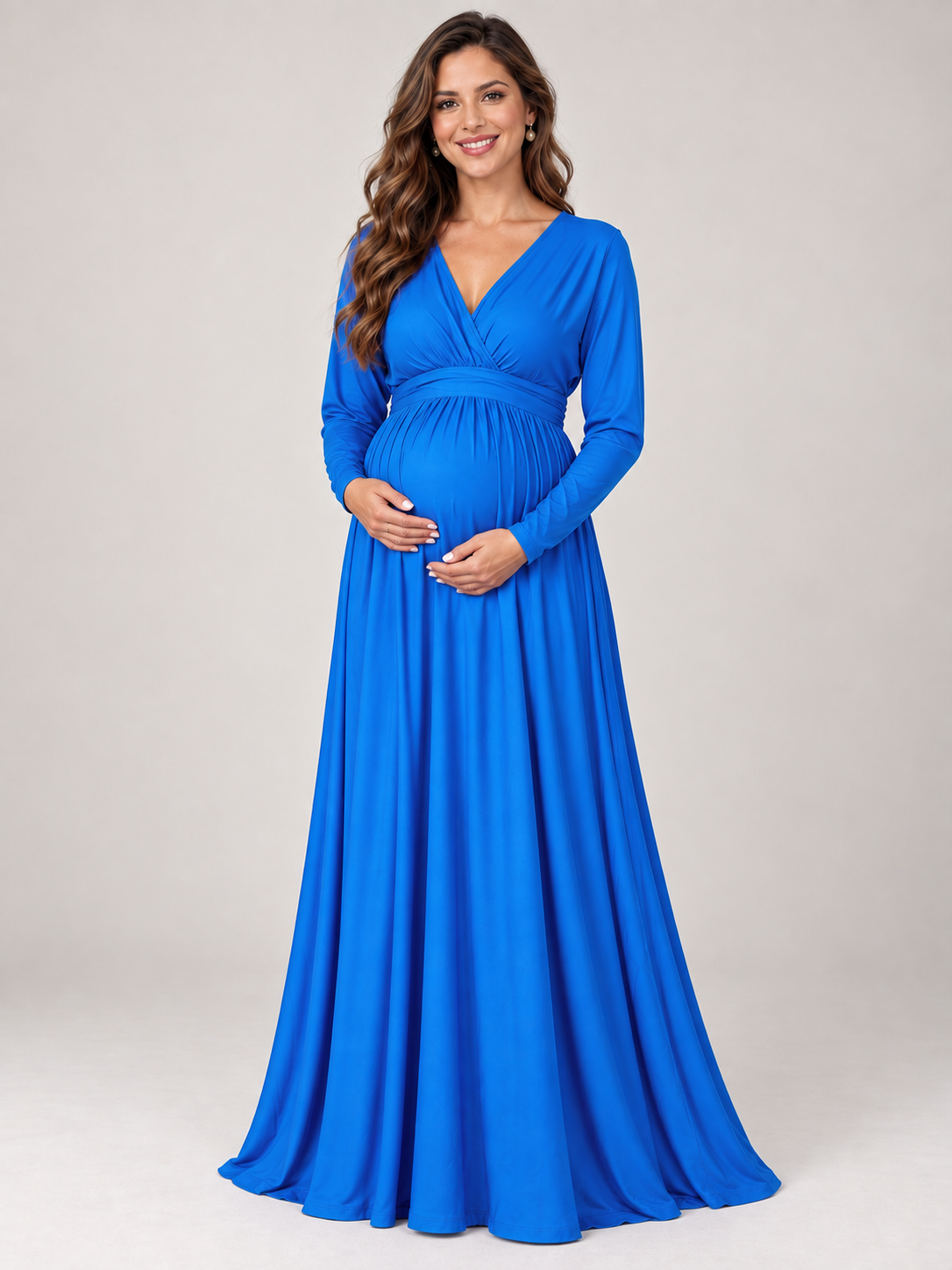 Nora Royal Blue maternity dress — full skirt falling to the floor in a front view