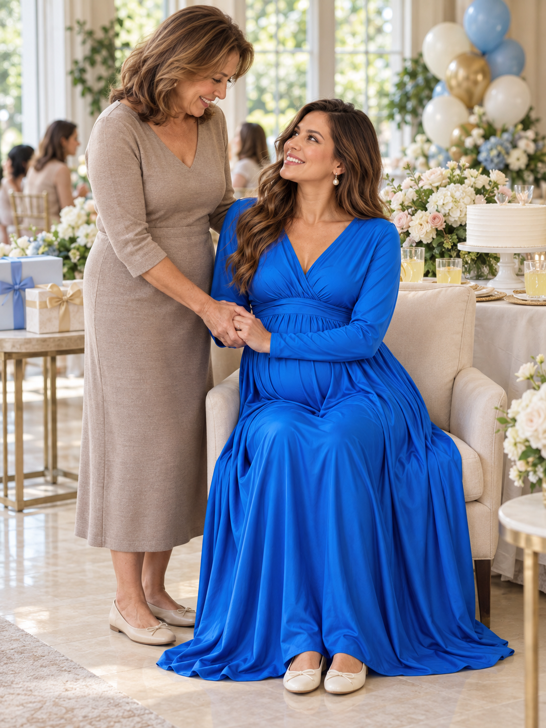 Nora Royal Blue maternity dress — sharing a tender moment with her mother at a shower