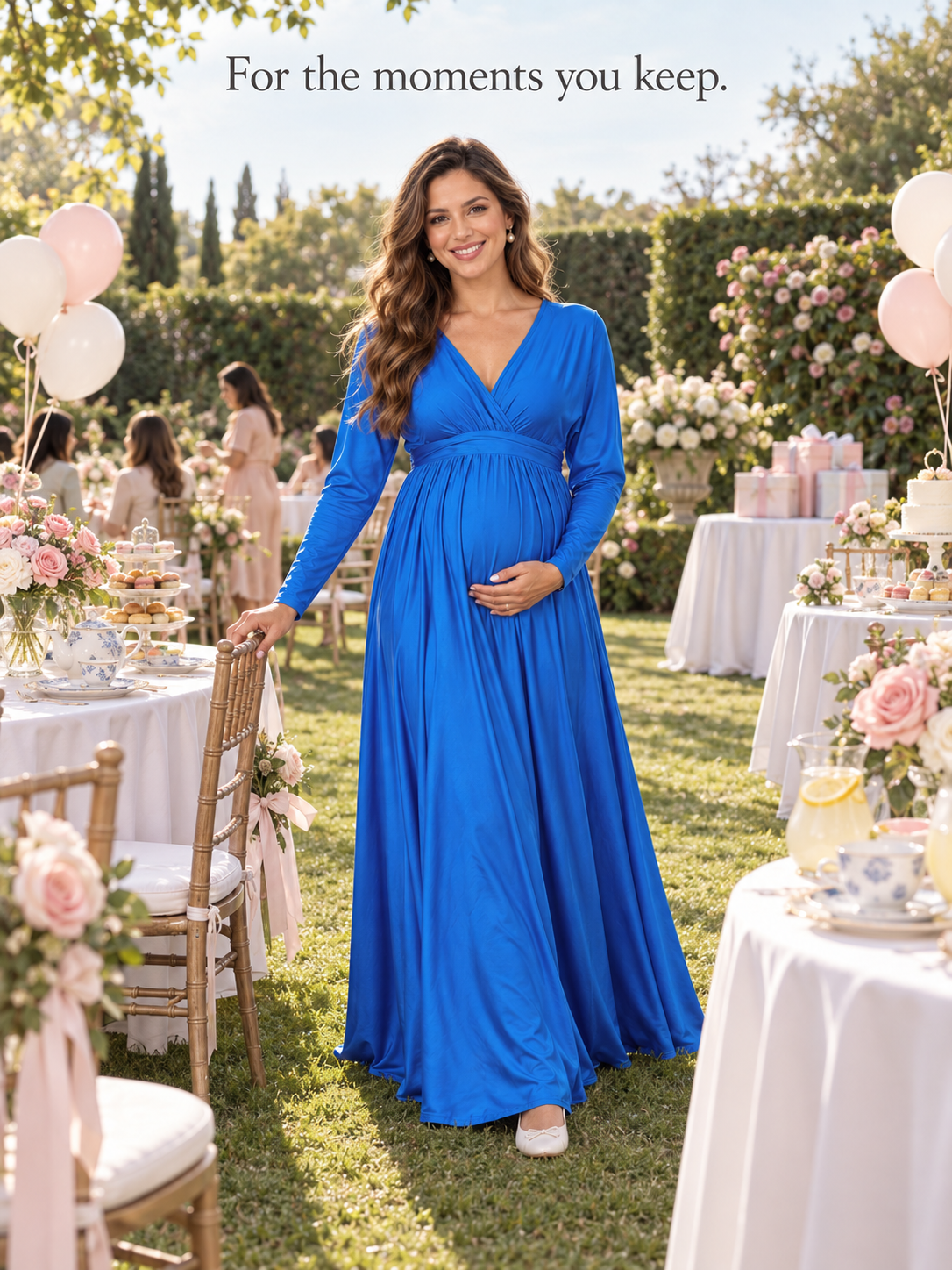Nora Royal Blue maternity dress — walking through a garden baby shower