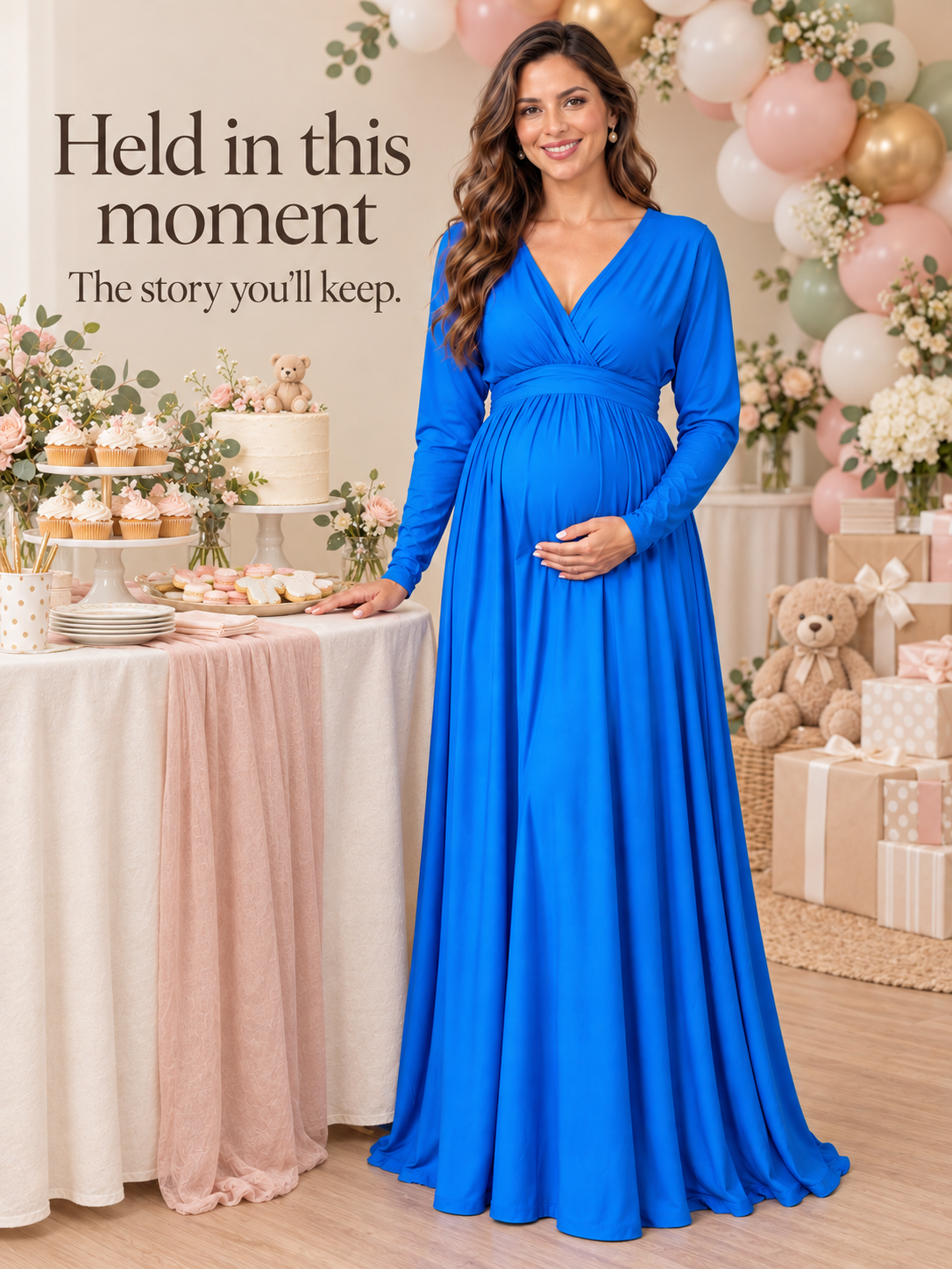 Nora Royal Blue maternity dress — standing beside a baby shower dessert table