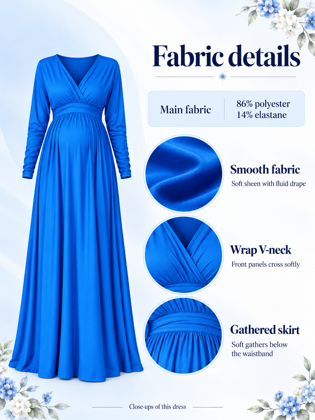Nora Royal Blue maternity dress — material guide showing the smooth fabric, wrap neckline and pleated waistband