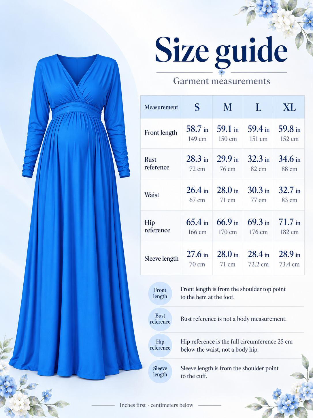 Nora Royal Blue maternity dress — size guide with S to XL garment measurements in inches and centimeters