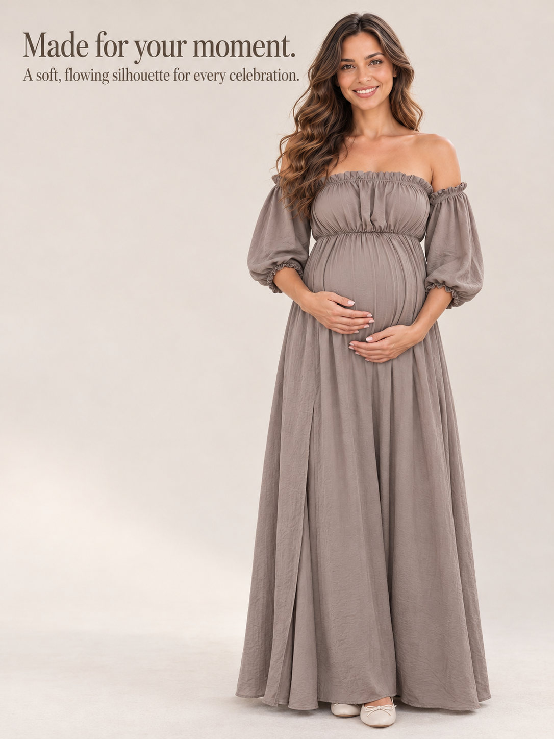 Elodie Taupe maternity dress — full-length view against a soft plain backdrop
