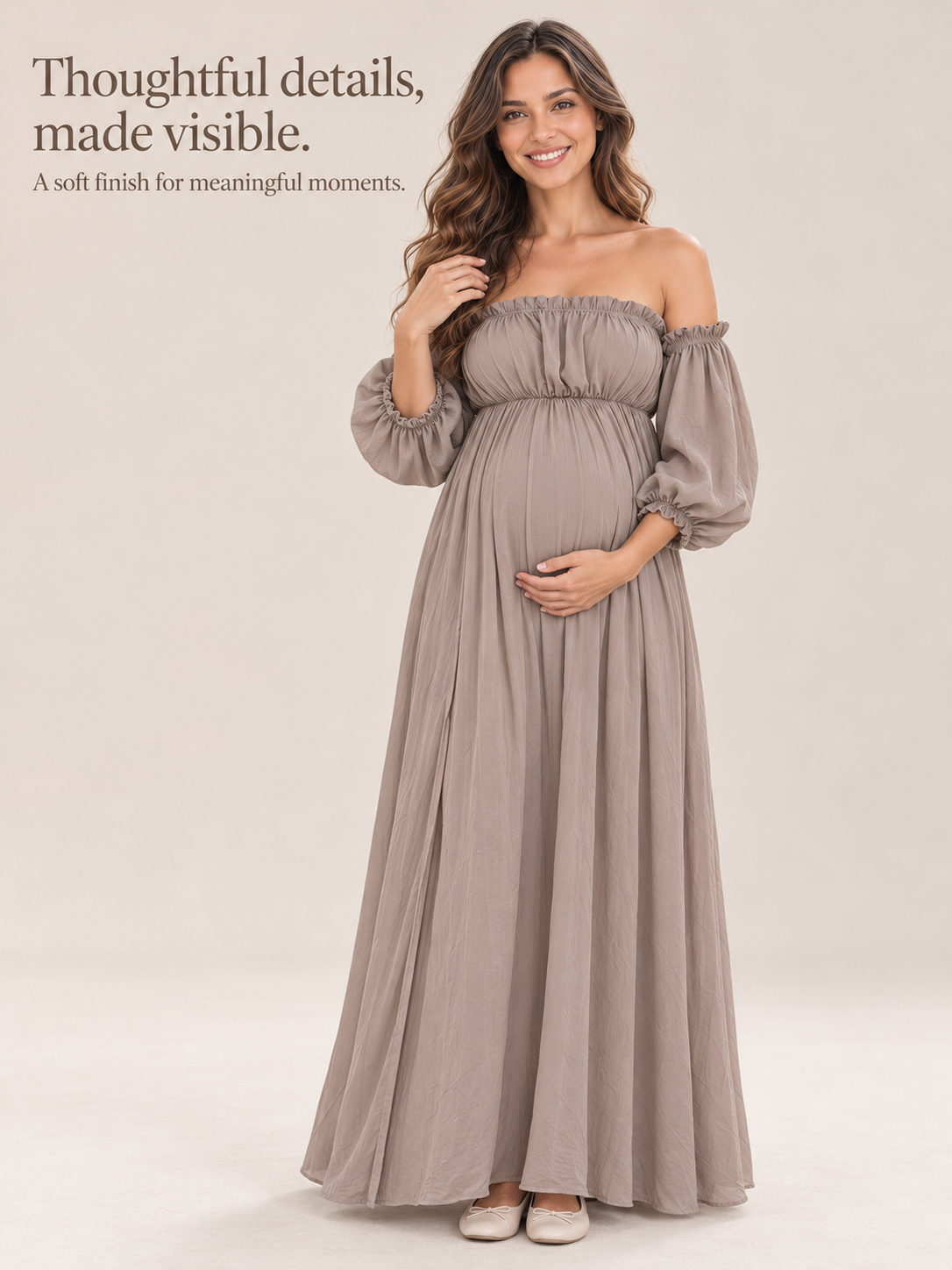 Elodie Taupe maternity dress — full-length view of the ruffled neckline, puff sleeves and gathered waist