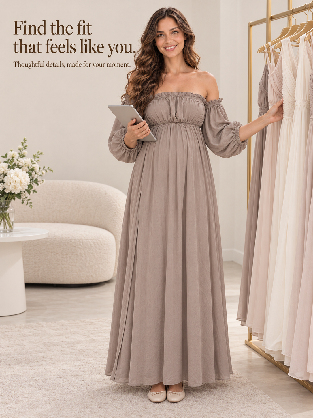 Elodie Taupe maternity dress — holding a tablet beside a rail of gowns in a boutique