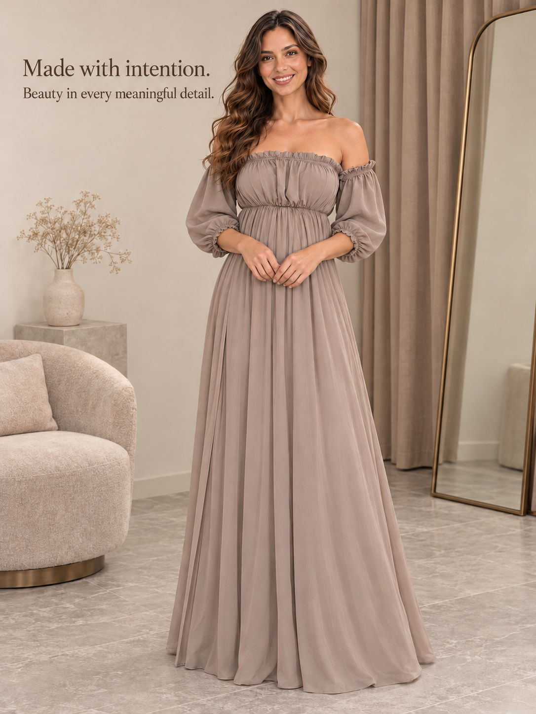 Elodie Taupe maternity dress — full-length view in a calm room with a tall mirror
