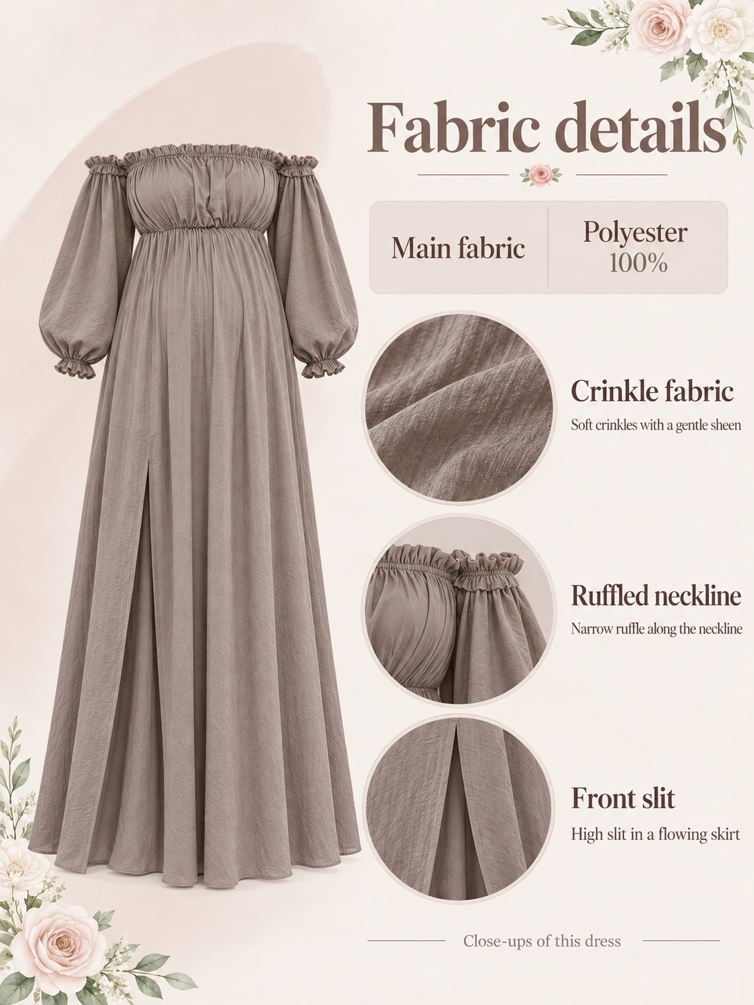 Elodie Taupe maternity dress — material guide showing the crinkle fabric, ruffled neckline and front slit