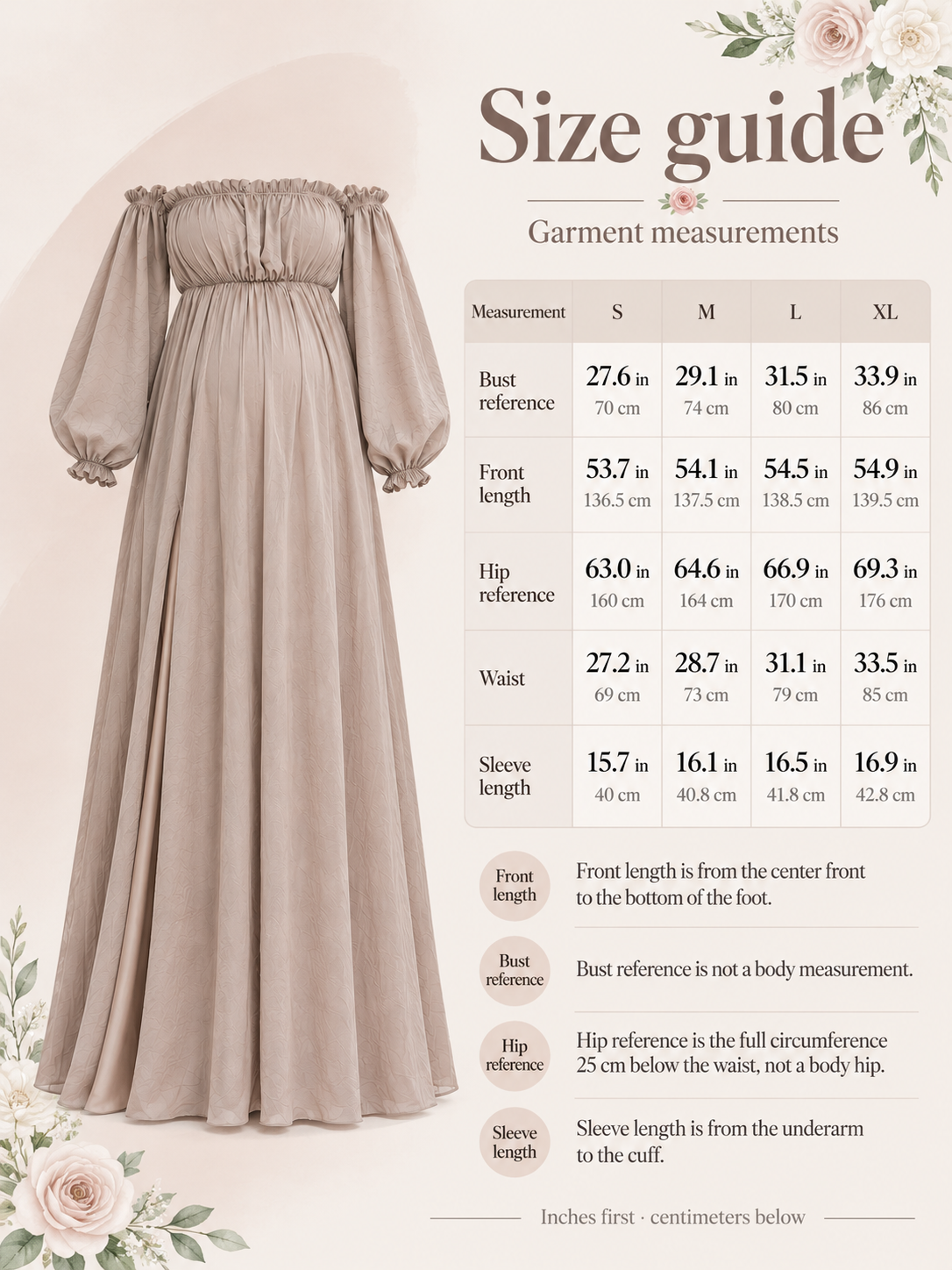 Elodie Taupe maternity dress — size guide with S to XL garment measurements in inches and centimeters