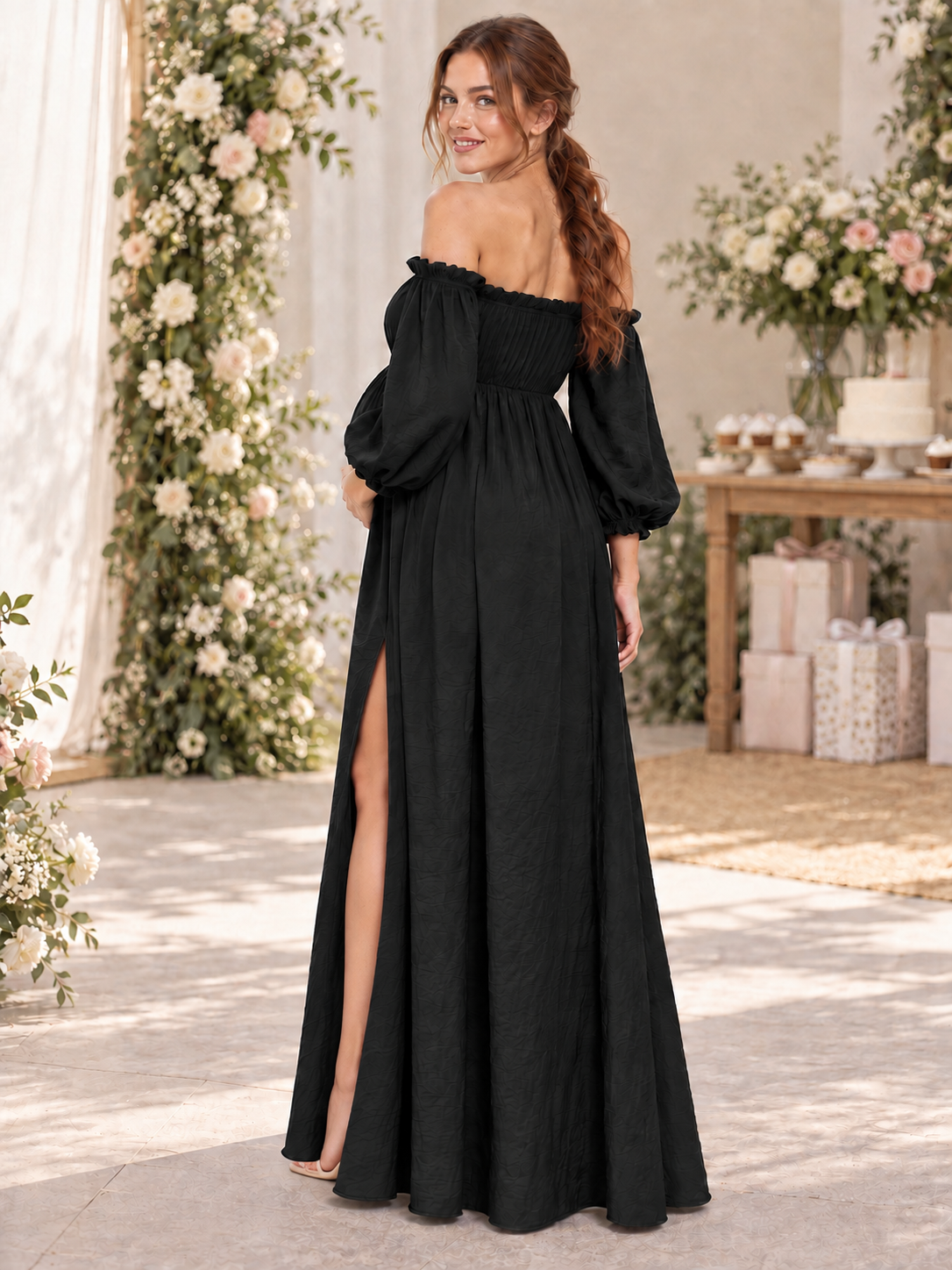 Elodie Black maternity dress — back view showing the smocked back panel and puff sleeves