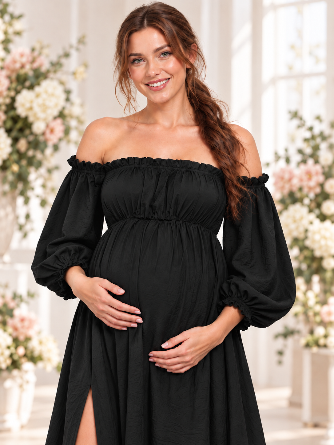 Elodie Black maternity dress — puff sleeves with ruffled cuffs and the gathered bodice