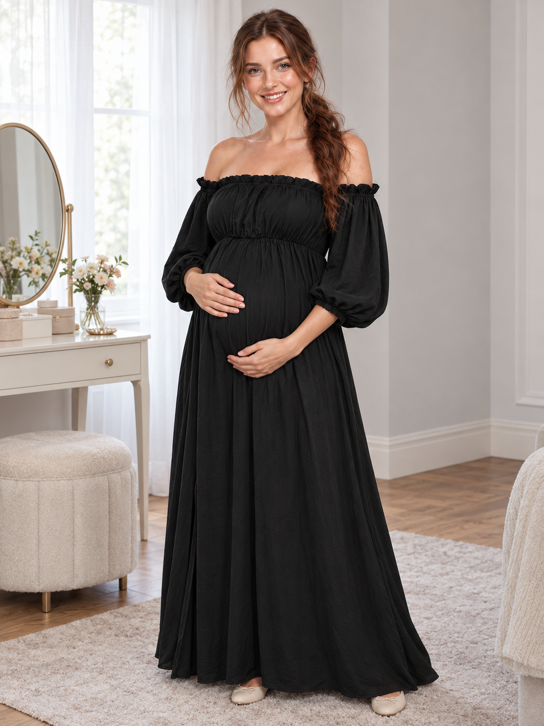 Elodie Black maternity dress — maternity portrait in a bright bedroom with a vanity