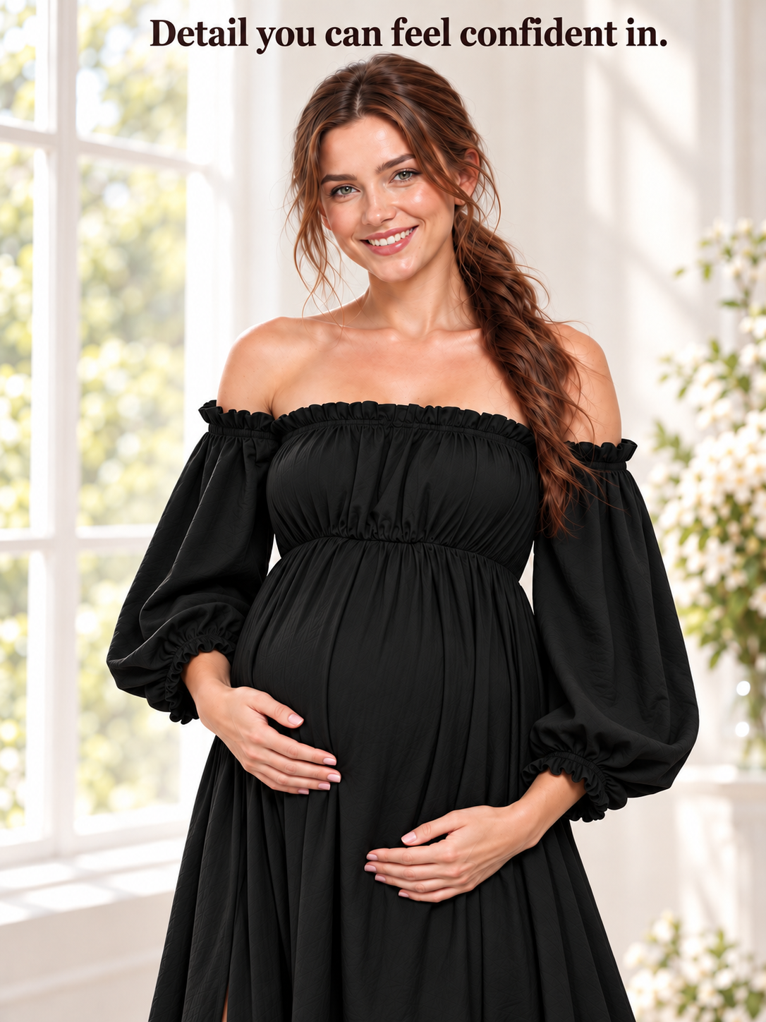 Elodie Black maternity dress — close-up of the gathered bodice, cuffs and high waist