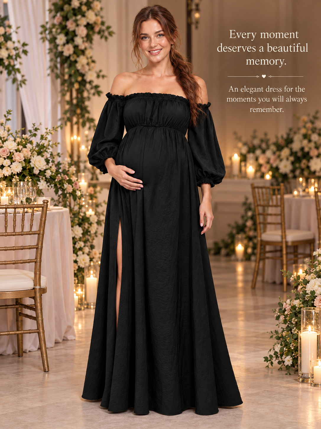 Elodie Black maternity dress — standing among candles and party chairs at an evening celebration