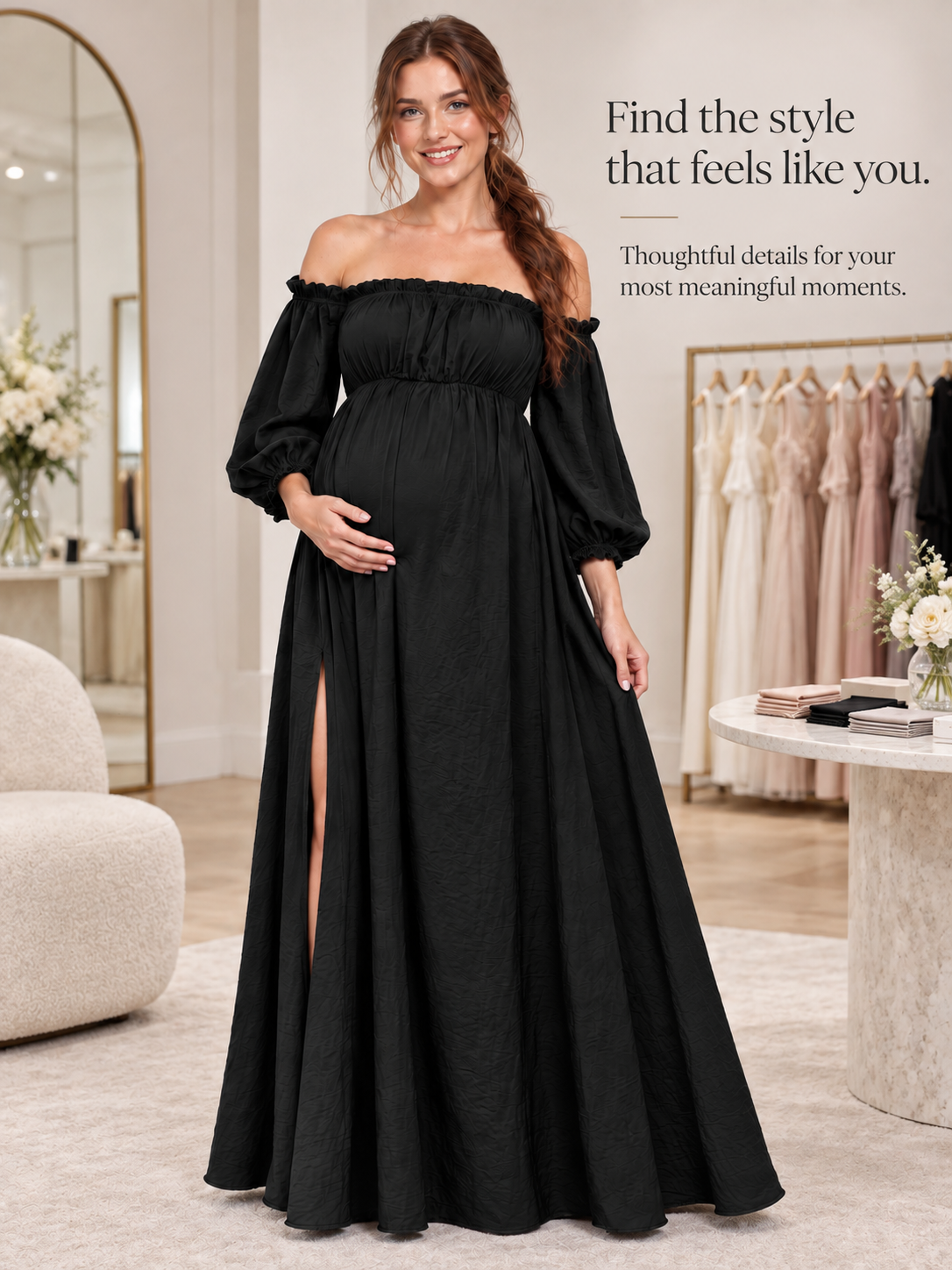 Elodie Black maternity dress — full-length view in a dress boutique with gowns on a rail