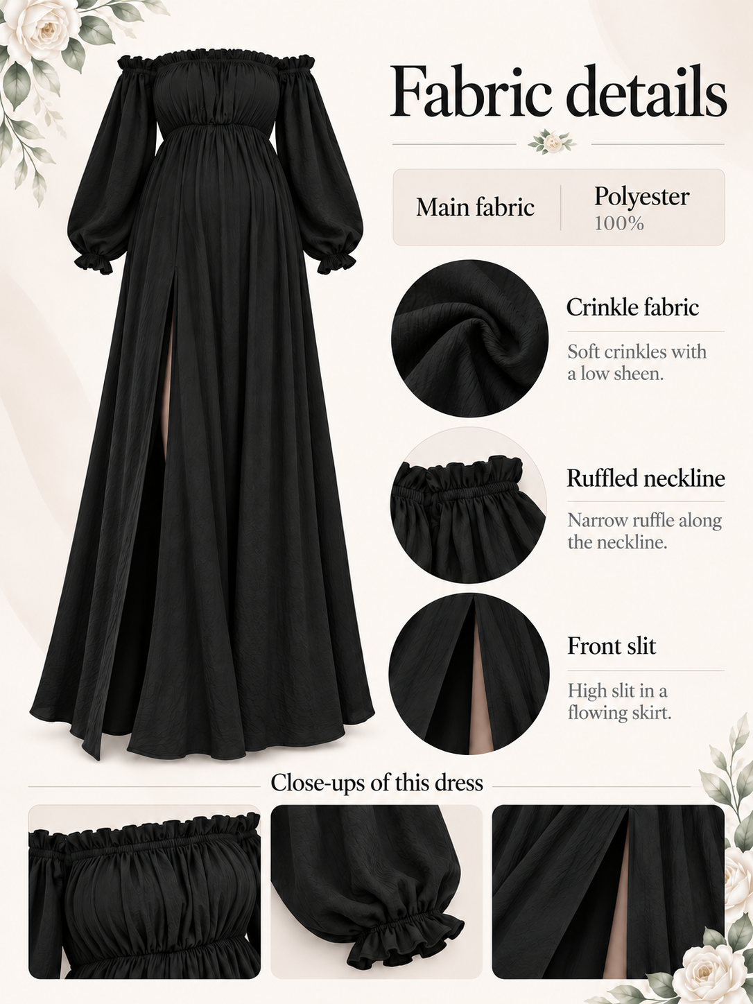 Elodie Black maternity dress — material guide showing the crinkle fabric, ruffled neckline and front slit