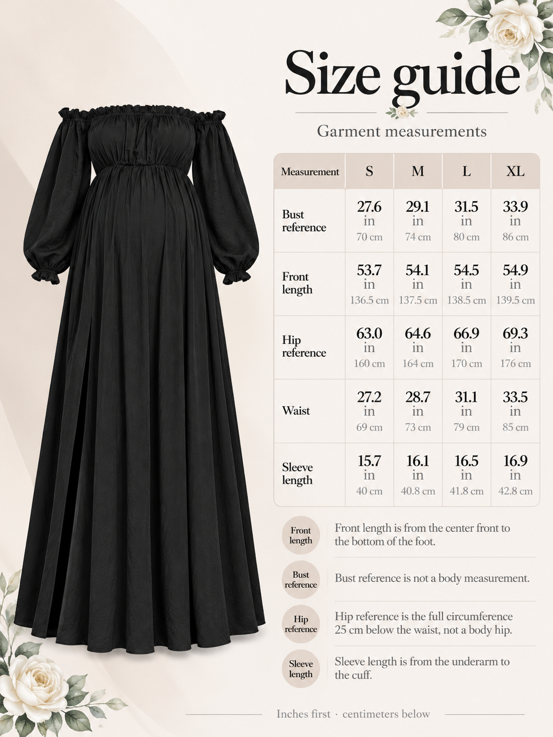 Elodie Black maternity dress — size guide with S to XL garment measurements in inches and centimeters