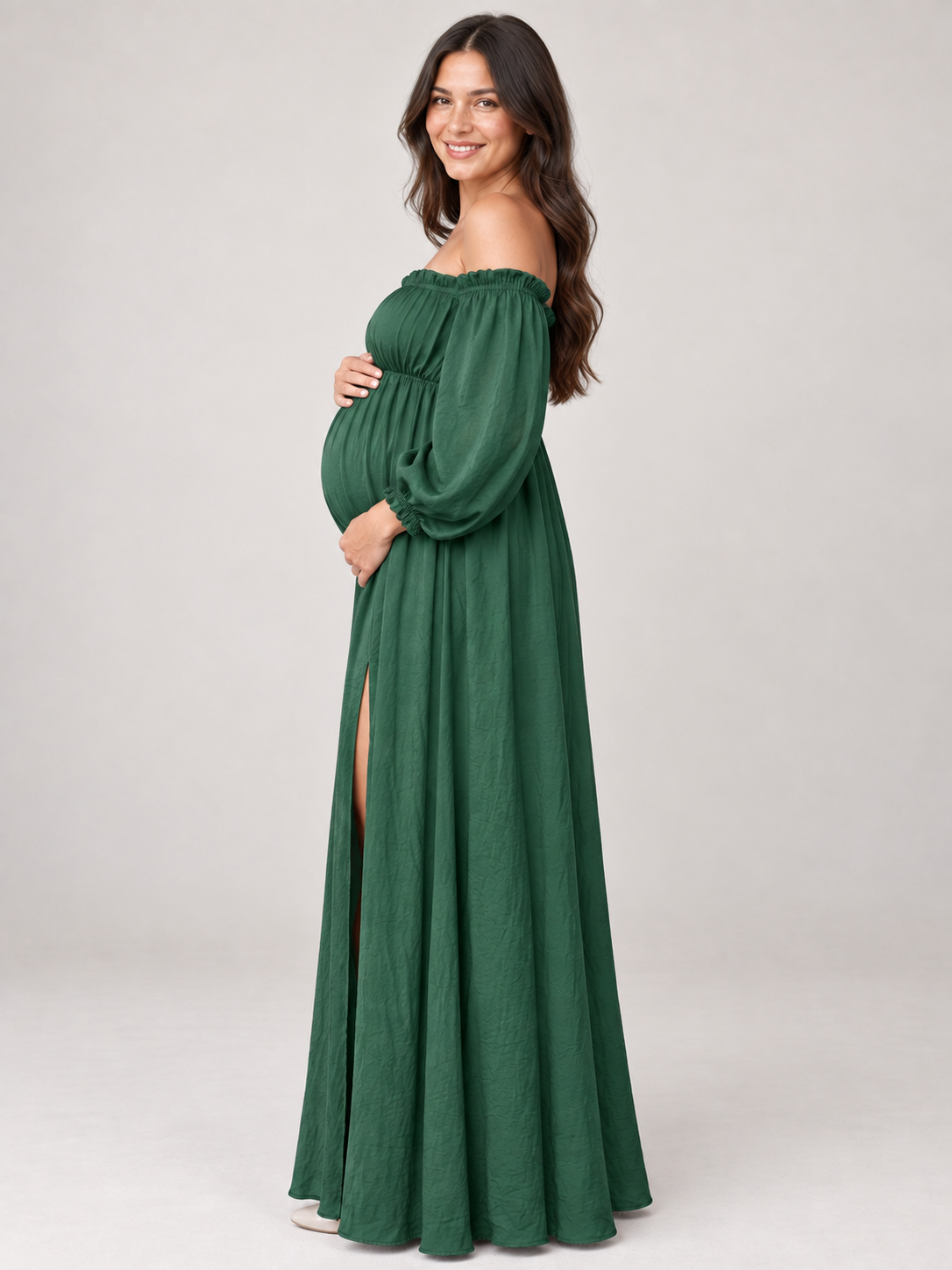 Elodie Forest Green maternity dress — side view of the gathered high waist and maternity silhouette