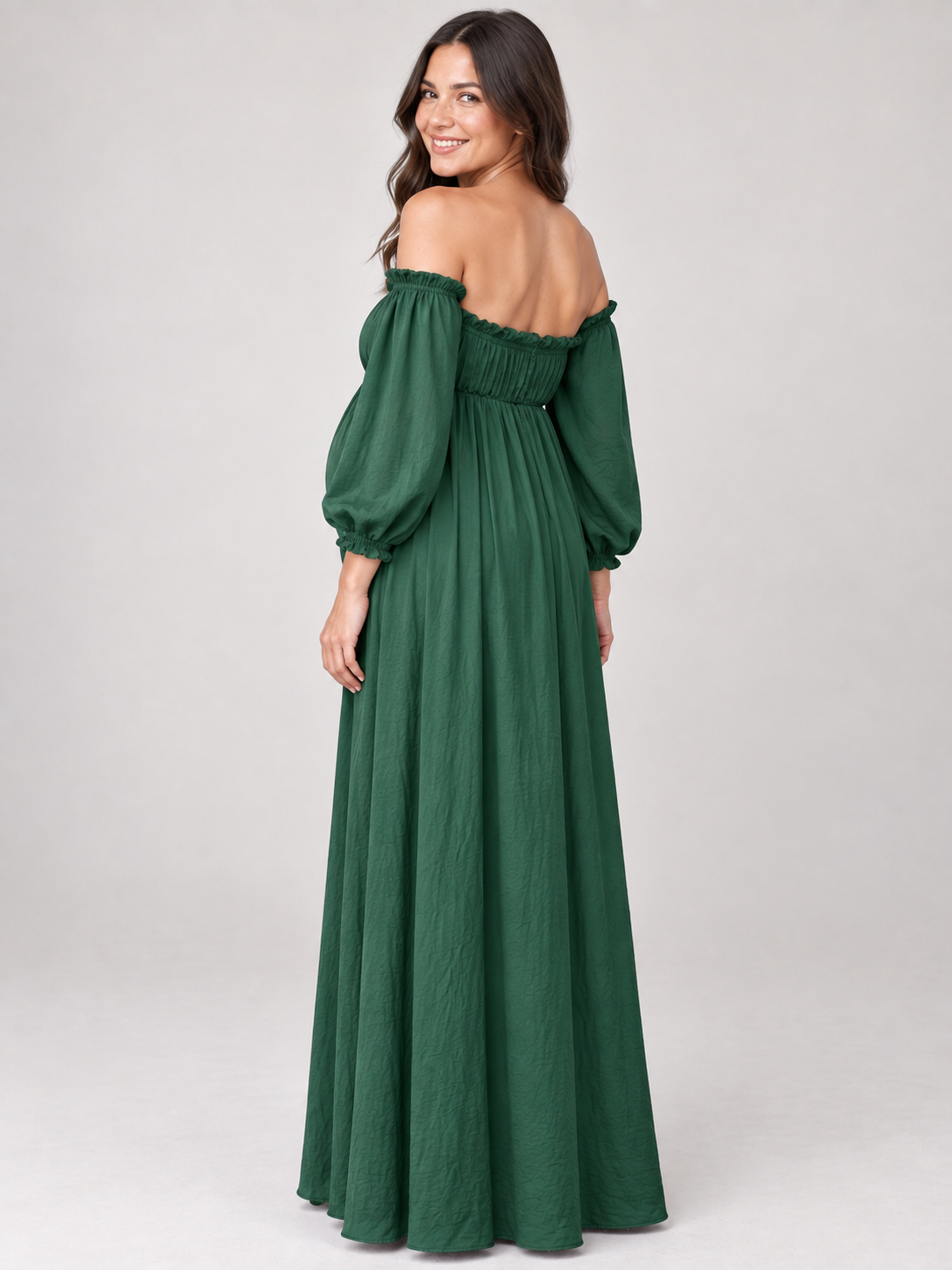 Elodie Forest Green maternity dress — back view showing the smocked back panel and puff sleeves