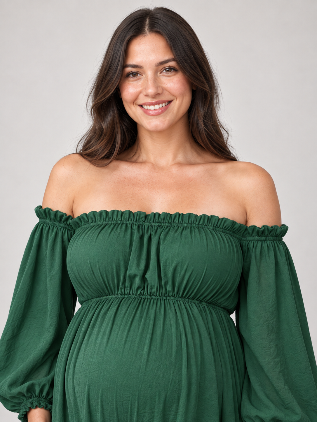 Elodie Forest Green maternity dress — ruffled off-shoulder neckline and gathered bodice up close