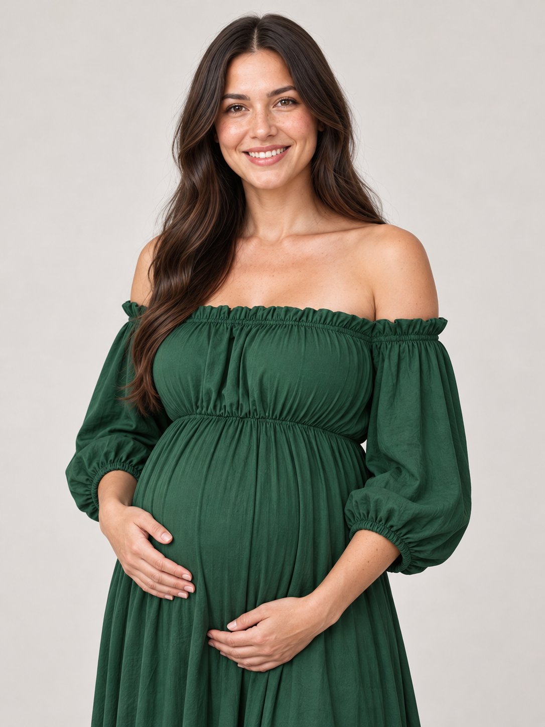 Elodie Forest Green maternity dress — puff sleeve with ruffled cuff and gathered high waist